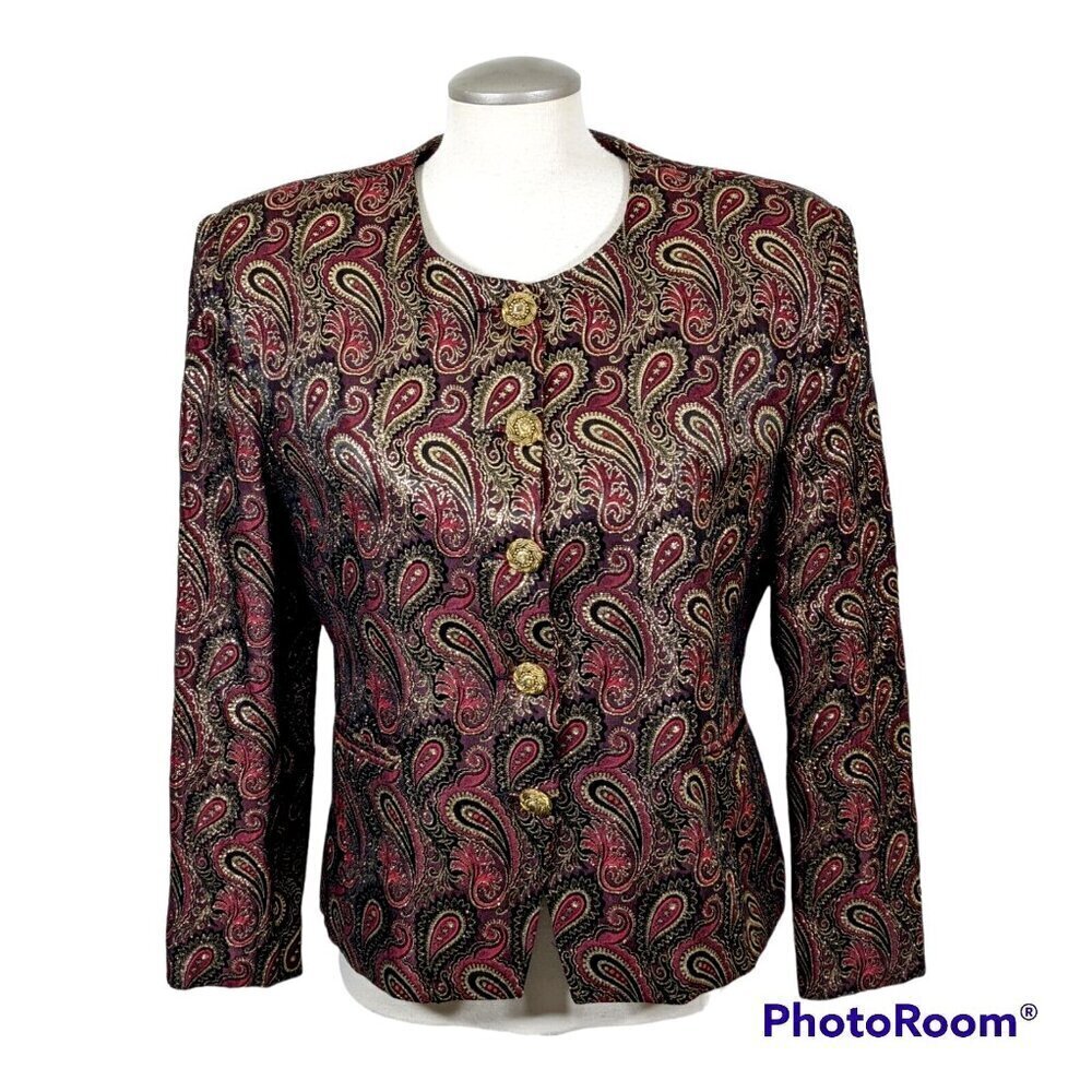 Braemar Petites Vintage Blazer Jacket Womens Medium Shiny Gold Paisley Red Lined